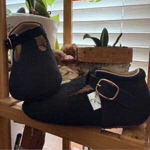 LLBco Black Suede T-Strap Mary Jane Shoes with Gold Buckles